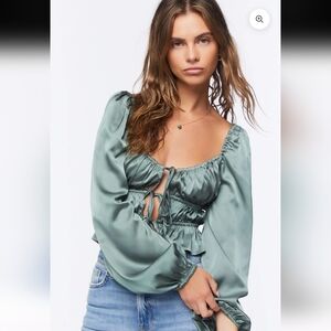 Forever 21 Green Satin Babydoll Bow Crop Top Size L